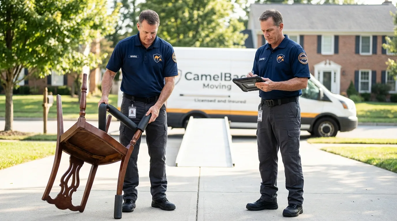Movers inspecting furniture for damage prevention before loading in Broadalbin, NY