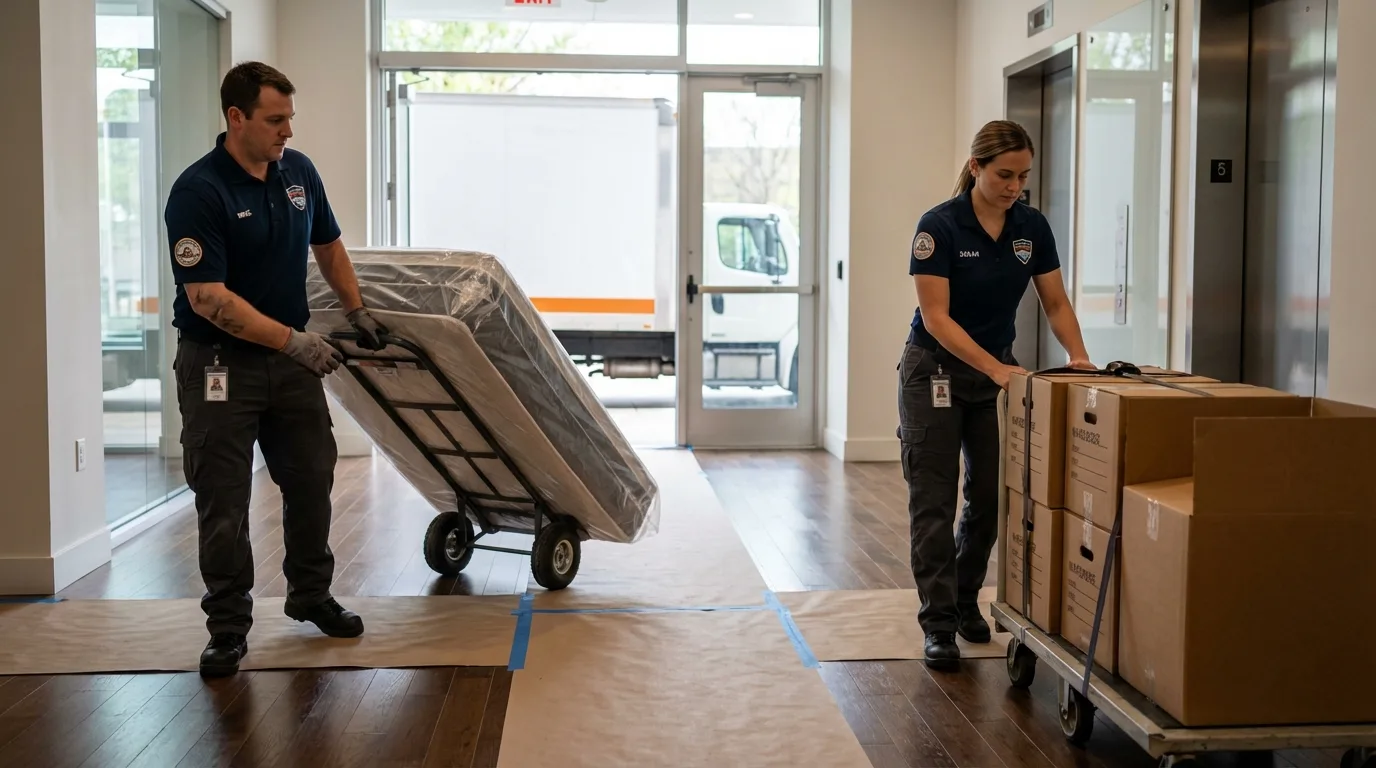 Professional apartment movers loading elevator in Broadalbin, NY