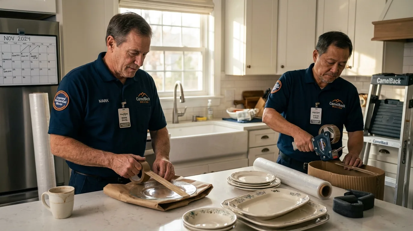 Professional crew packing kitchen dishware in Broadalbin, NY